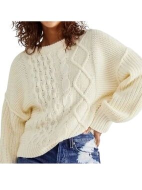 Free People Cream Cable Knit Sweater Boho Cozy Cotton Blend Crewneck M